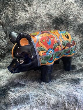 Mexican Folk Art Talavera Pig Figure
Pottery Animal Blue Floral
HandPainted